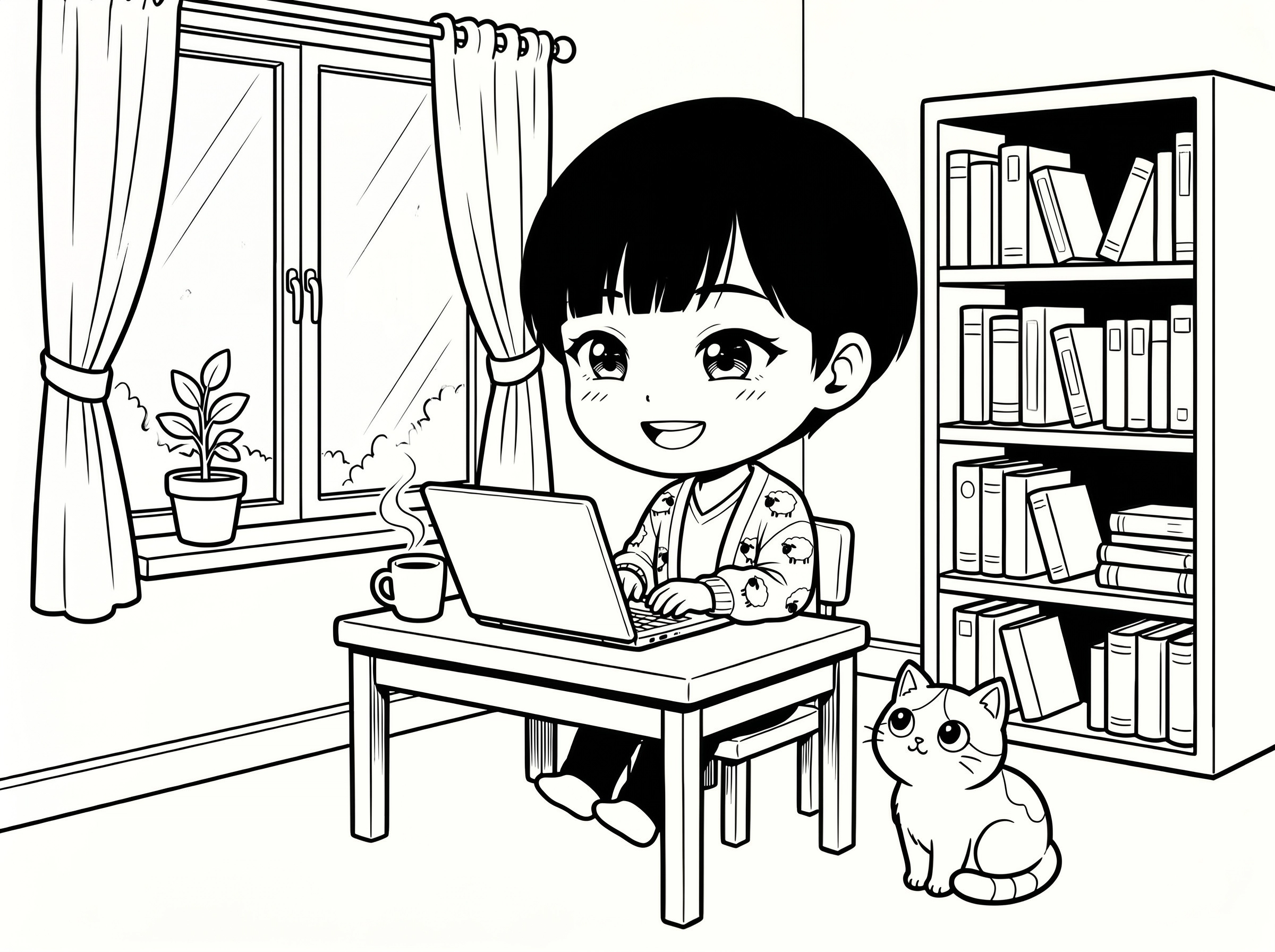 Haruna at her desk with a cat